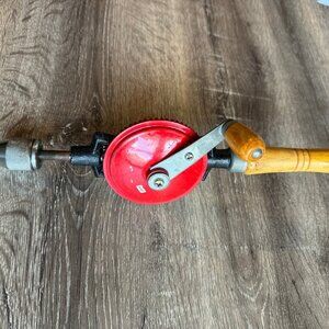 Vintage Wood Handle Manual Hand Crank Drill with Red Metal Gear.
